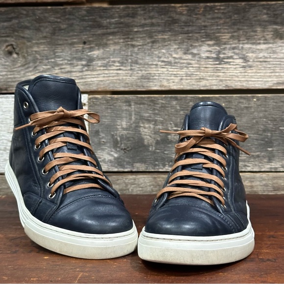 GUCCI Men’s Microsoft Blue Leather High-Top Sneakers White Laces US sz 8 - Picture 7 of 13